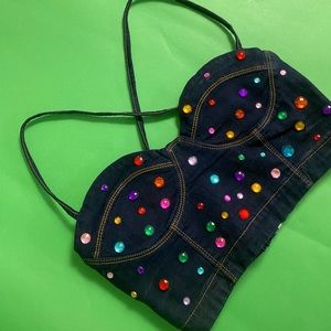 Colorful gem denim bustier top